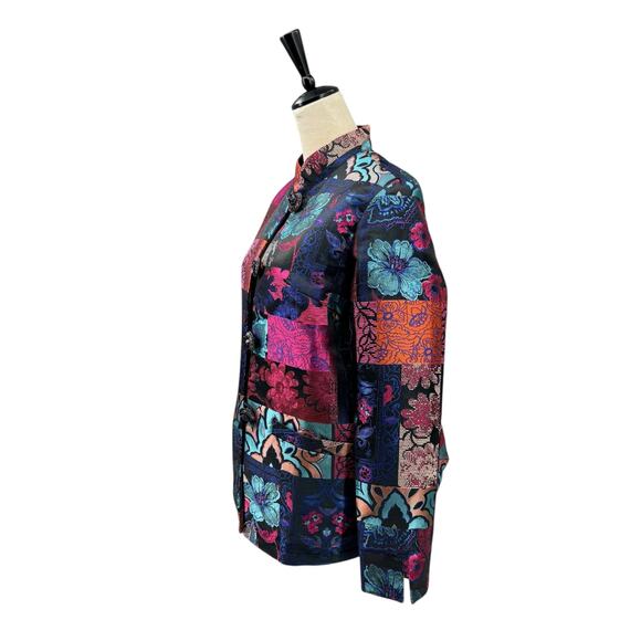Berek Multicolored Satin Patchwork Jacquard Floral Print Collared Jacket - Picture 2 of 13